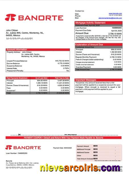 Mexico Banorte mortgage statement Word and PDF template